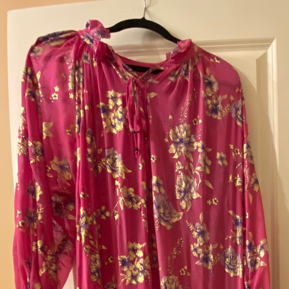 Free people maxi length Flowy metallic gold floral  design  on pink